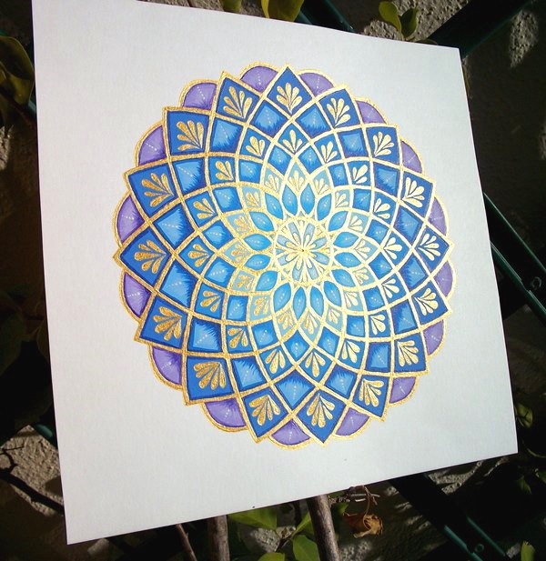 Golden Flower Mandala Purple Blue Painting