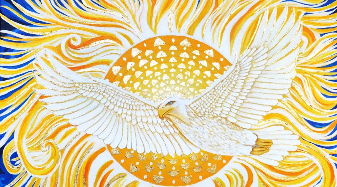 White Eagle with Gold Sun Mandala and yellow rays