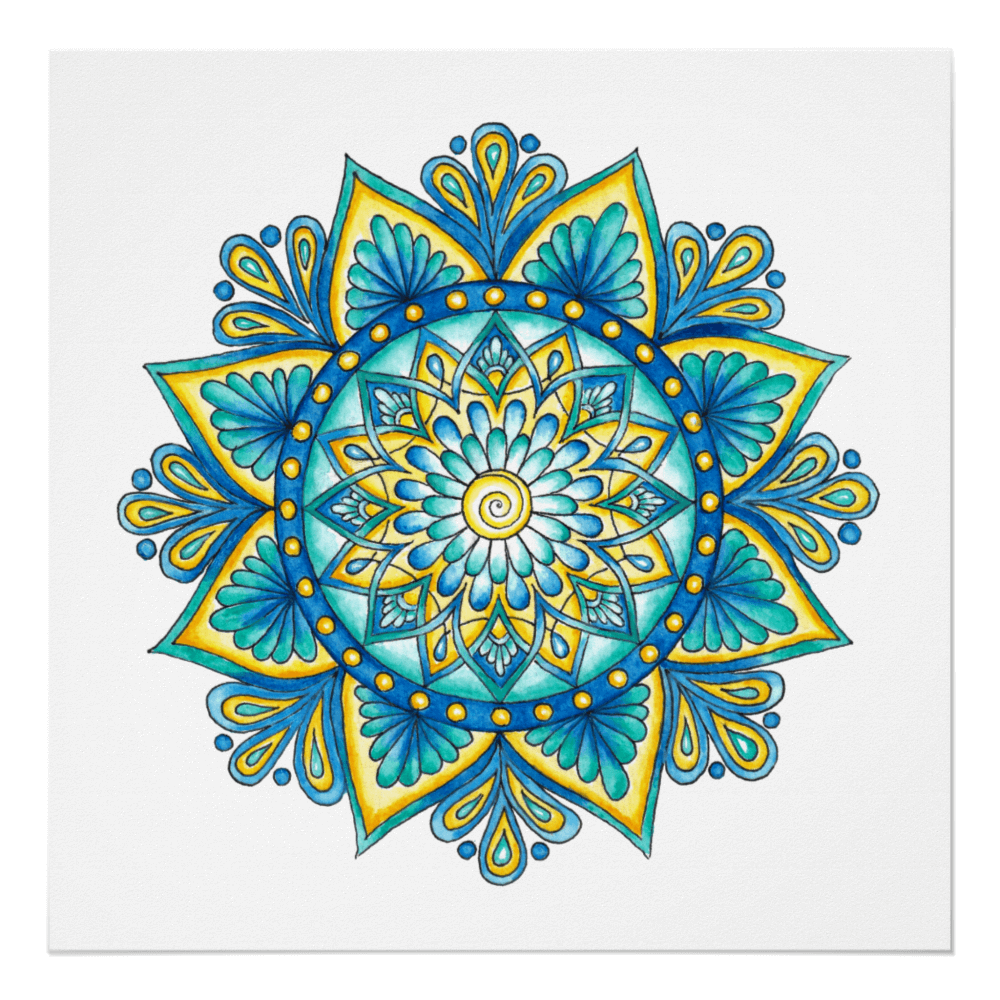 Blue Yellow Floral Mandala Print