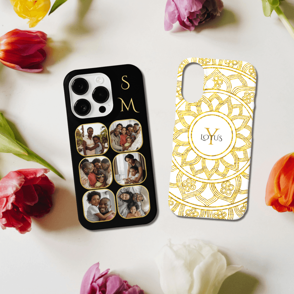 Two phone covers surrounded by flowers on a table, one with multiple customizable photos and another with a gold mandala with a personalized name at the center.