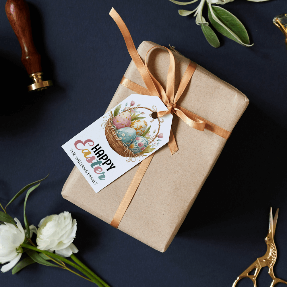 Happy Easter Gift Tag featuring a colorful easter eggs basket of pastel colors and a joyful text