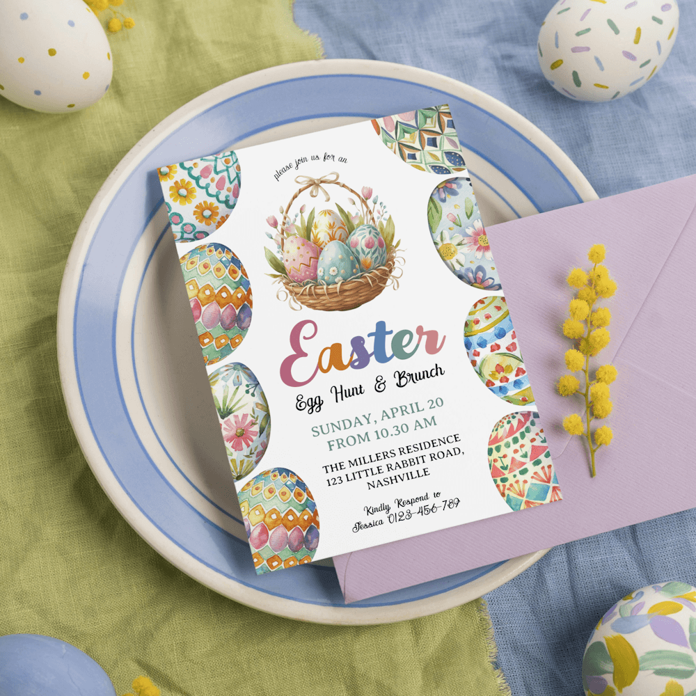 Easter Egg Hunt & Brunch customizable Invitation featuring a basket full of hand painted eggs in soft pastels surrounded by more colorful hand painted easter eggs. 
