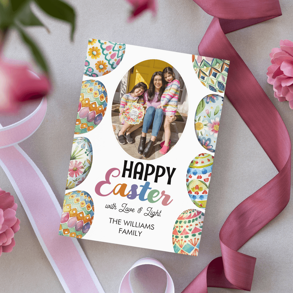 Happy Easter Photo Greetings Card featuring multiple colorful hand painted easter eggs and a family photo with customizable text.