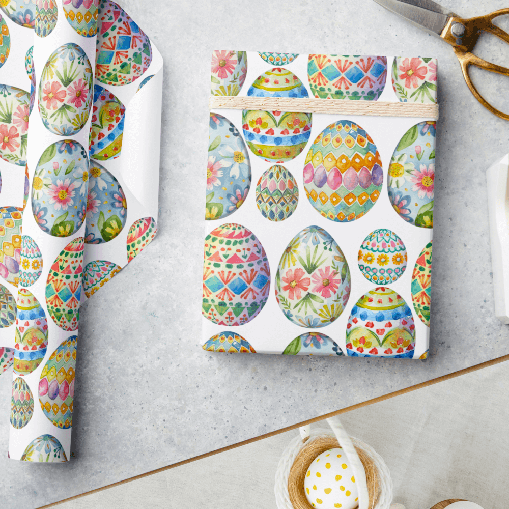 Colorful Easter Wrapping Paper for gifts featuring a pattern of hand painted easter eggs of different kind