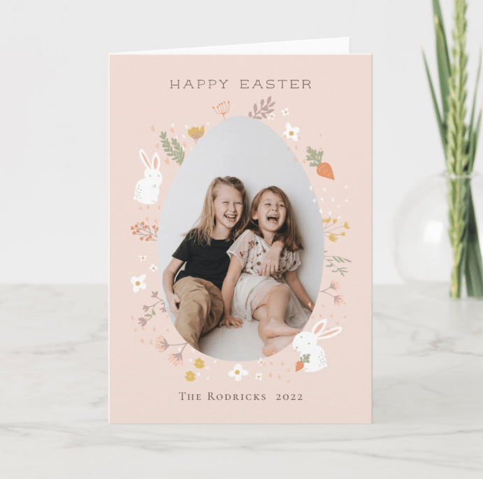 Happy Easter Photo Greetings Card featuring a colorful floral wreath with a customizable photo and text.