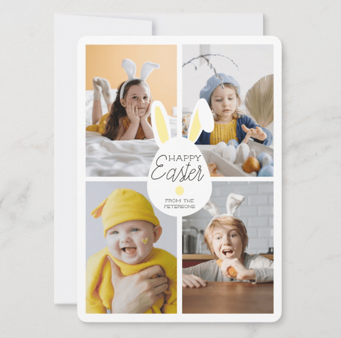 Happy Easter Photo Greetings Card featuring a cute rabbit head in the middle with a customizable collage of 4 photos and text.