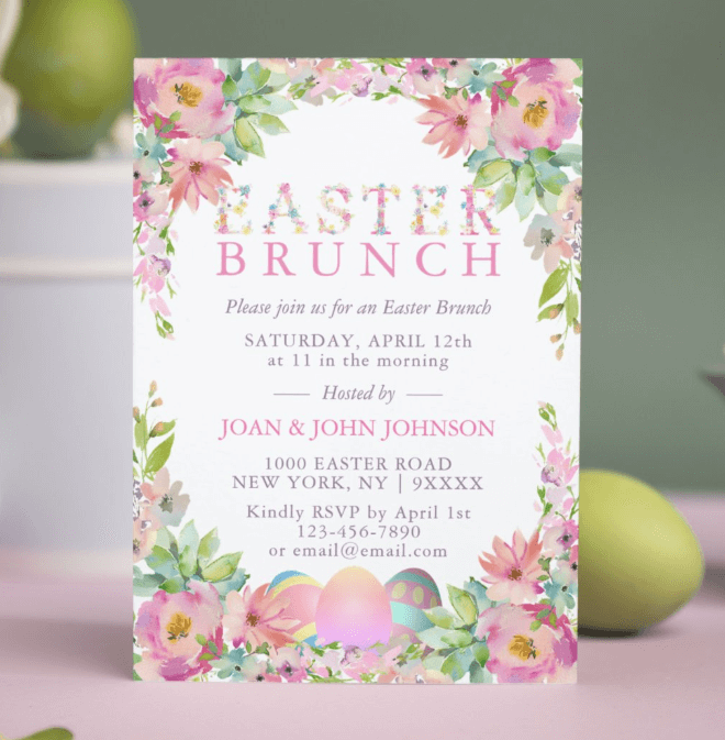 Easter Egg Hunt & Brunch customizable Invitation featuring pink floral script surrounded by colorful spring flowers