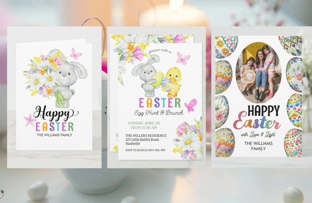 Easter theme image featuring pink and white eggs in thebackground and three pictures of Easter Invitations, Greeting Card and paper plates featuring a cute bunny and duck holding eggs and spring flowers with customizable text