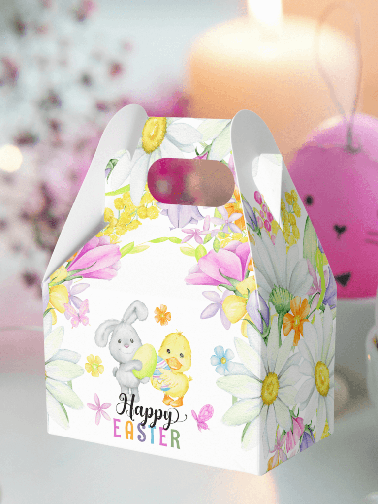 A cute Easter favor box featuring a cute bunny and a chick holding easter eggs surrounded by spring flowers, butterflies and a colorful text with Happy Easter