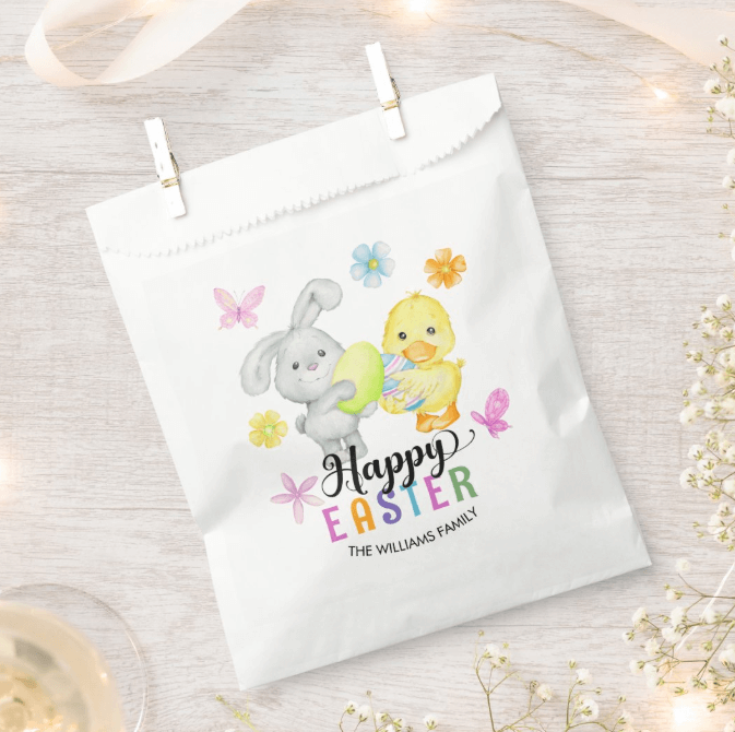Easter Brunch Favor Bag featuring a cute bunny and a chick holding easter eggs surrounded by spring flowers, butterflies and a colorful text.