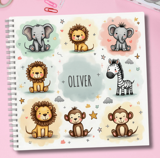 A square notebook featuring cute safari watercolor animals and a customizable text with a name.