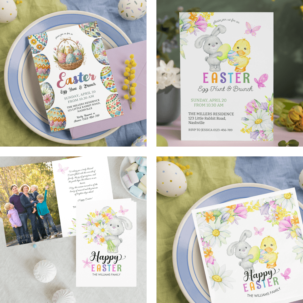 A collection of four pictures featuring Easter Invitations, Photo Greetings Cad and Party Supplies, with colorful hand-painted eggs and a cute bunny and chick holding eggs with spring florals